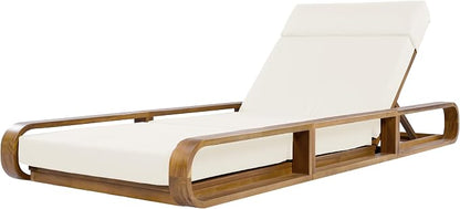 Merax 2 Piece Teak Finish Acacia Wood Chaise Lounge - 2 Pcs Frame + 2 Pcs 4" 4-Fold Beige Water-Resistant Cushion, 400lbs Capacity, Adjustable Outdoor Recliner for Patio Poolside Backyard