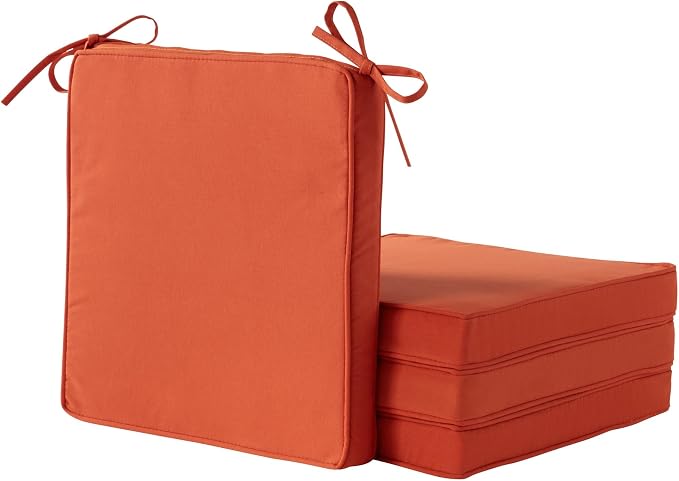 Outdoor 18 inch Square Patio Dining Chair Pads – Comfortable Fiber-Filled Seat Cushions with Ties, Reversible Polyester Fabric - Rust, Set of 4