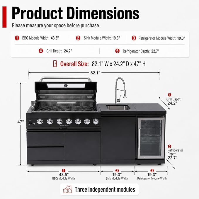 82-Inch Outdoor Kitchen Island, 6-Burner 85,000 BTU Modular Propane Gas Stainless Steel BBQ Grill with Refrigerator, Rotisserie Kit, Stainless Steel Countertop, Storage Cabinets & Drawers, Black