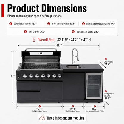 82-Inch Outdoor Kitchen Island, 6-Burner 85,000 BTU Modular Propane Gas Stainless Steel BBQ Grill with Refrigerator, Rotisserie Kit, Stainless Steel Countertop, Storage Cabinets & Drawers, Black