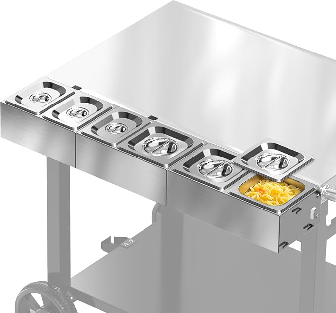 Uniflasy Pizza Topping Station, 6 Stainless Pans with Lids for Pizza Oven | Clamps to Weber/Nexgrill/Blackstone carts or counters up to 3.2 in; keeps cheese, veggies, meats, herbs organized for parties