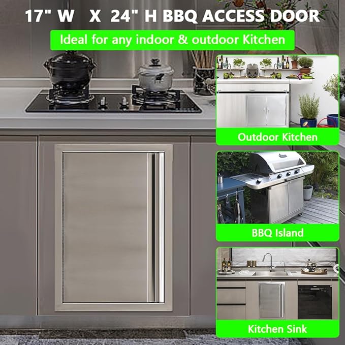 Outdoor Kitchen Doors, 24" W x 17" H BBQ Access Door, 304 Stainless Steel BBQ Doors for Indoor/Outdoor Kitchen, Outdoor Cabinet, BBQ Island