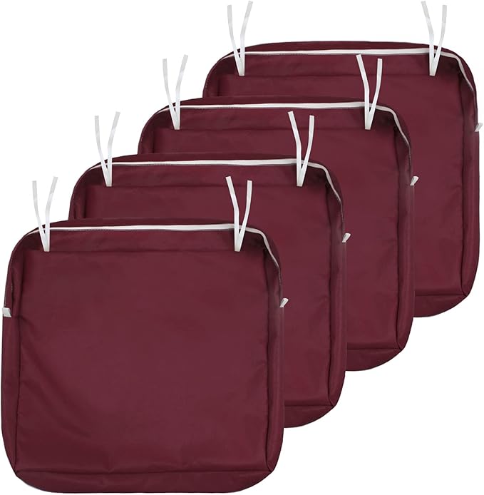 NettyPro Outdoor Cushion Covers Replacement Set 4 Water Repellent UV Resistant Patio Chair Seat Cushion Slipcover with Zipper and Tie, 22 x 20 x 4 Inch, Burgundy