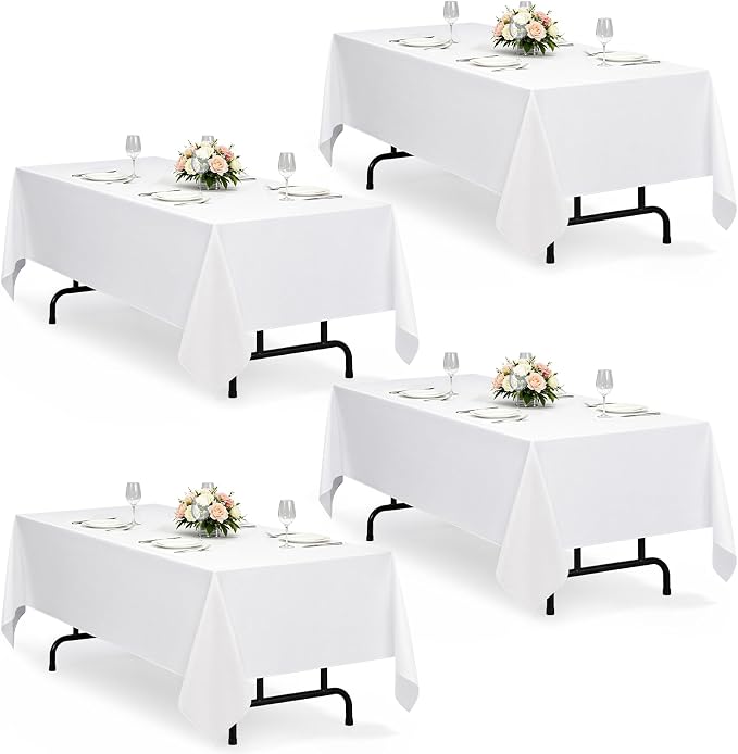 Decorelia White Washable Table Cloths for 8 Ft Rectangle Tables-4 Pack, Washable Polyester Rustic Faux Linen Rectangular Table Cloth Cover for Wedding,Outdoor,Events, Party,Banquet,Dining, 60x120 Inch