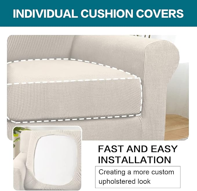 Turquoize 2 Piece Chair Covers for Living Room Armchair Couch Cover with Individual Cushion Covers Furniture Cover for Chairs Feature Jacquard Fabric (Chair, Ivory)
