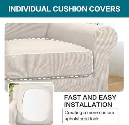 Turquoize 2 Piece Chair Covers for Living Room Armchair Couch Cover with Individual Cushion Covers Furniture Cover for Chairs Feature Jacquard Fabric (Chair, Ivory)