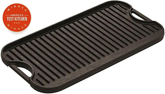 Lodge Pro-Grid Reversible Grill/Griddle - 20 Inches x 10.5 Inches - Dual-Sided Cast Iron Griddle - Double Burner Grill - Even Heat Distribution - PFAS-Free Non-Toxic Cookware
