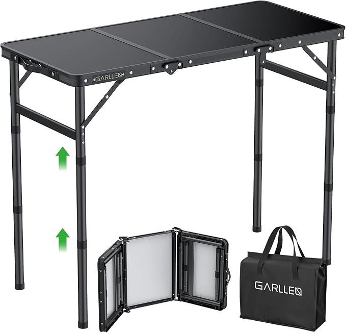 GARLLEN Folding Camping Table Max Capacity 66lbs, 3-Height Adjustable Portable Camping Table with Storage Bag, Lightweight Aluminum Picnic Table for Outdoor, Beach, BBQ, 34.2" L x 15.7" W, Black