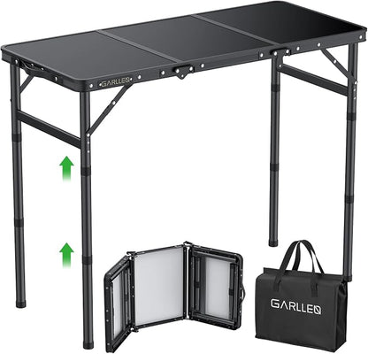 GARLLEN Folding Camping Table Max Capacity 66lbs, 3-Height Adjustable Portable Camping Table with Storage Bag, Lightweight Aluminum Picnic Table for Outdoor, Beach, BBQ, 34.2" L x 15.7" W, Black