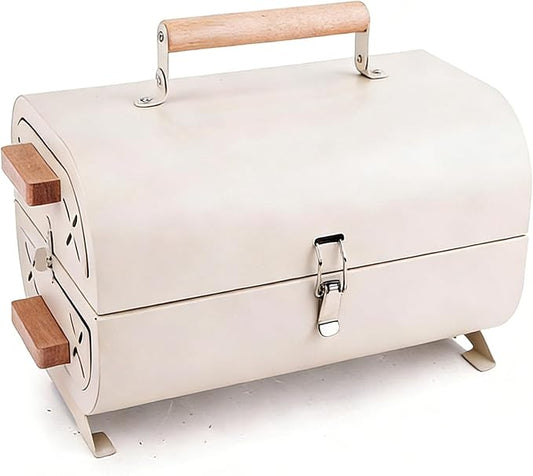 Portable Charcoal Grills with Lid, Small Folding Tabletop Grill, 14.95 * 10.04 Inch Compact Barbecue, Both-Side Grate for Outdoor Cooking Camping, Picnics, Backyard, Balcony (with Baking Tray White)
