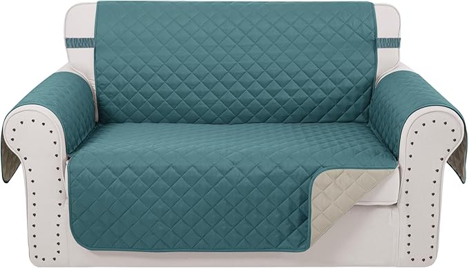 Reversible 45" Small Loveseat Sofa Covers, Blue/Beige | Loveseat Covers for Dogs Water Repellent, Friendly Furniture Protector with Elastic Straps for Living Room