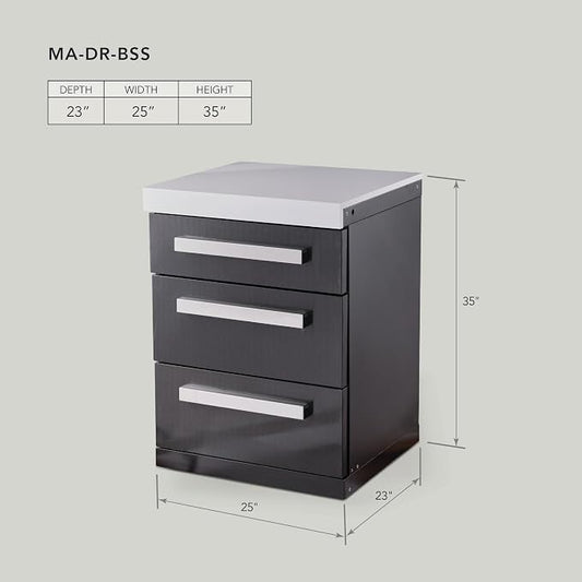 Mont Alpi 3-Drawer Right Cabinet Module - Black Stainless Steel | Soft-Close Slides | White Granite Top | Fits MAi805 & MAi400 | 25" W