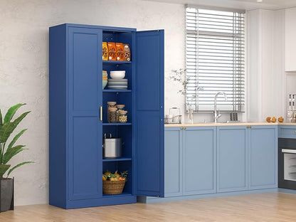 Polup Kitchen Pantry Cabinet, 71 Inch Tall Metal Pantry Cabinet with Doors and Adjustable Shelves, Freestanding Food Cupboard, Storage Cabinets for Dining, Living Room, Navy Blue, Assemble Required