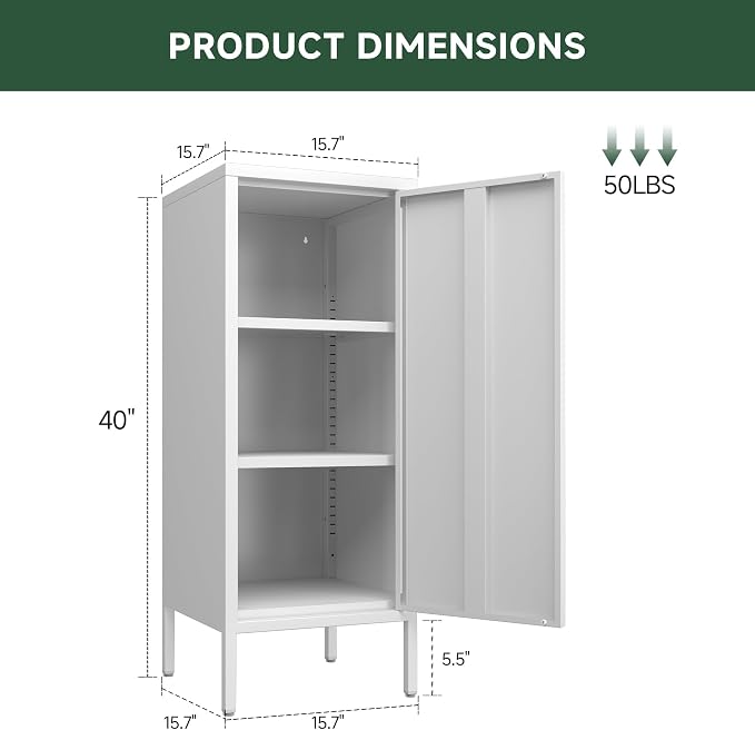 Metal Storage Cabinet with 2 Adjustable Shelves Small Storage Cabinets with Door for Office Kitchen Bathroom Living Room Pantry Garage (White)