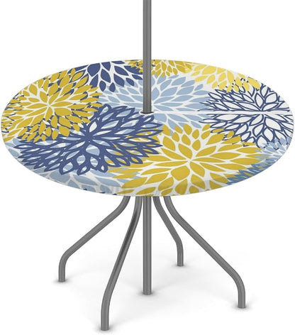Fitted Round Tablecloth with Umbrella Hole and Zipper Spring Floral Outdoor Elastic Table Cloth 45"-56" Oil-Proof Waterproof Yellow Navy Chrysanthemum Patio Table Cover for Picnic Party