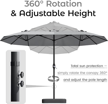 DomeShade 15ft Patio Umbrella with Base,Large Outdoor Double-Sided Rectangle Umbrella with Crank Handle, Market Umbrella for Poolside Garden Deck Backyard Beach Pools, Gray