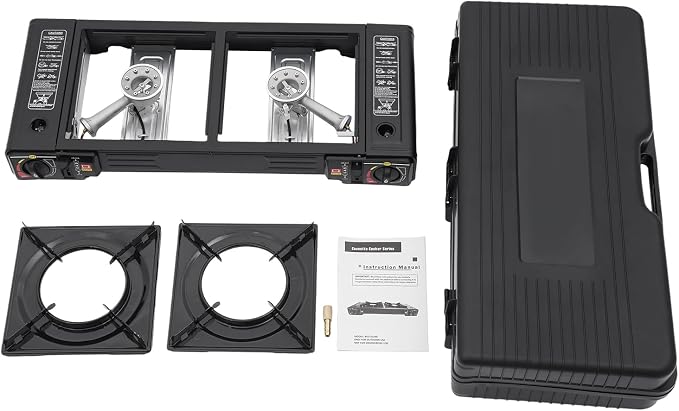 2-Burner Butane Stove, Portable Camping Stove, Automatic Ignition, Outdoor Travel Camp Stove with Carry Case & Push-Button for Camping Tailgating and Outdoor Cooking