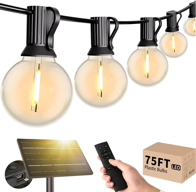 Svater Solar Outdoor String Lights 75 FT, G40 Patio Lights Shatterproof Dimmable Vintage Edison Bulbs, Solar Powered Weatherproof Light for Patio, Backyard, Garden, Bistro, Warm White