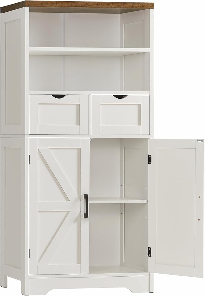 Storage Cabinet with Doors & 2 Drawers, Kitchen Cabinet with Adjustable Shelf, Pantry Cabinets, Bathroom Cabinets, for Living Room, Entryway, Home Office, White