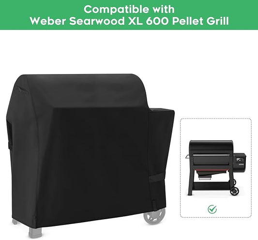 Heavy-Duty 600D Waterproof BBQ Grill Cover fits for Weber Searwood XL 600 Pellet Grill，3400146 Weber Searwood XL 600 Cover, Black