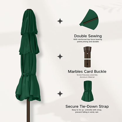 Kingdura 9ft 3-Tier Patio Umbrella with Solar Lights, Table Umbrella Outdoor Patio with Easy Crank & Tilt, 8 Sturdy Ribs, UV Protection, 32 LED Lights for Deck, Poolside, Market (Dark green)