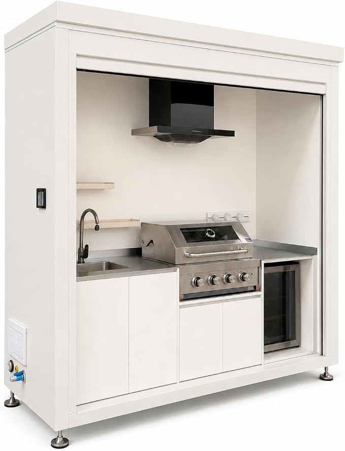 Sunnyjoy Modular Outdoor Kitchen, Premium Aluminum Cabinet System-2 | Standard edition with grill, sink & storage, durable weather-resistant design, includes roll-up set for protection