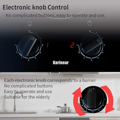 Karinear 2 Burner Electric Cooktop 12 Inch Built-in Electric Stove Top, 220v- 240v Radiant Cooktop with Residual Heat Indicator, Knob Control, Over-Temperature Protection, Hard Wire(No Plug)