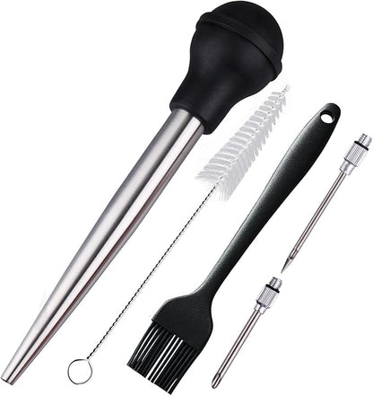 Turkey Baster, Baster Syringe for Cooking, Stainless Steel Baster with Marinade Injector Neddles &BBQ Brush & Cleaning Brush, Silicone Bulb, Stainless Steel Turkey Baster Set 5, Color Black