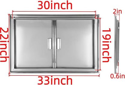 Outdoor Kitchen Door 33" W x 22" H Stainless Steel BBQ Double Access Door Flush Mount Vertical Wall Doors with Handle Suitable for Grilling Station Outside Cabinet Outdoor Kitchen