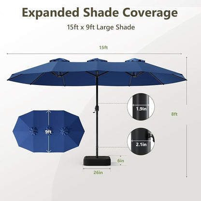 15FT Patio Umbrella, Double-Sided Outdoor Umbrella with base included, Large Standing Umbrella with Crank Handle & Ventilation, Rectangular patio umbrella for Pool, Backyard, Deck, Lawn & Beach