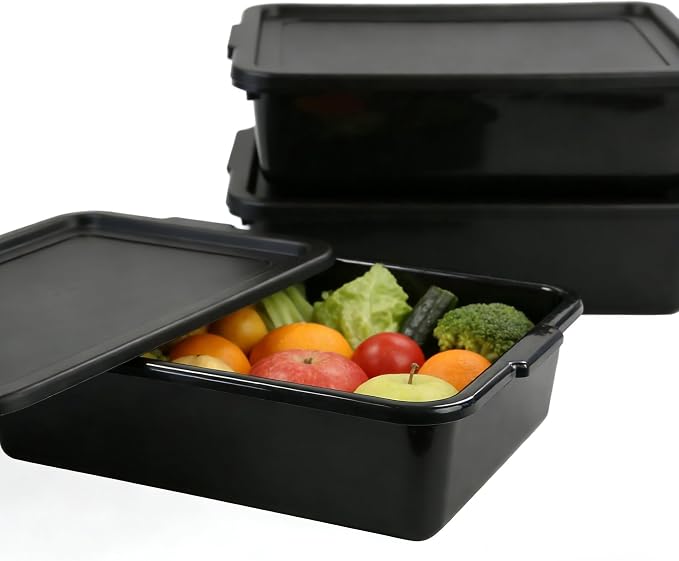 Pack of 3 Food Service Bus/Utility Tote Box with Lid, 13 L | Plastic Restaurant Dish Tub, Black Stackable Storage Bins for Restaurant Kitchen, Catering, and Cleaning Supplies