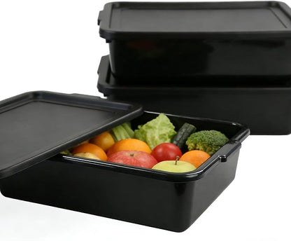 Pack of 3 Food Service Bus/Utility Tote Box with Lid, 13 L | Plastic Restaurant Dish Tub, Black Stackable Storage Bins for Restaurant Kitchen, Catering, and Cleaning Supplies