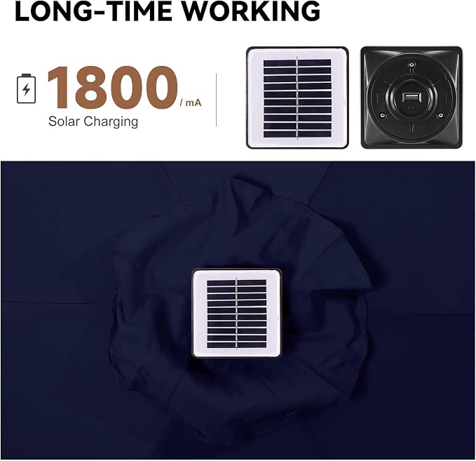 10 ft Solar Patio Umbrella Outdoor with Centre Light, Navy Blue | 24 LED Lights, UV Protection, Solar Outdoor Umbrella for Porch, Deck, Pool, Table, Garden, Provides Evening Lighting