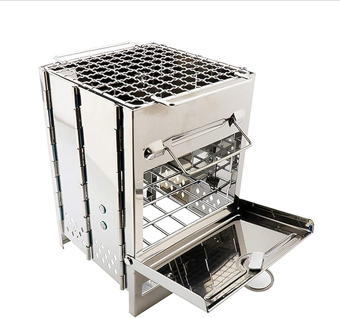 Portable Charcoal Grill for Camping BBQ Grills, Outdoor Barbecue Grill with Ashtray, Heat-Resistant Stainless Steel Stove, Adjustable Height Cuboid Design for Even Heat Distribution, Perfect for 2-3