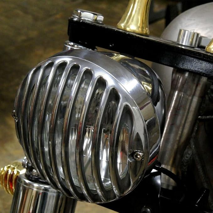 Chrome Finned Grill Headlight Light For Harley Chopper Bobber Cafe Racer Cruiser
