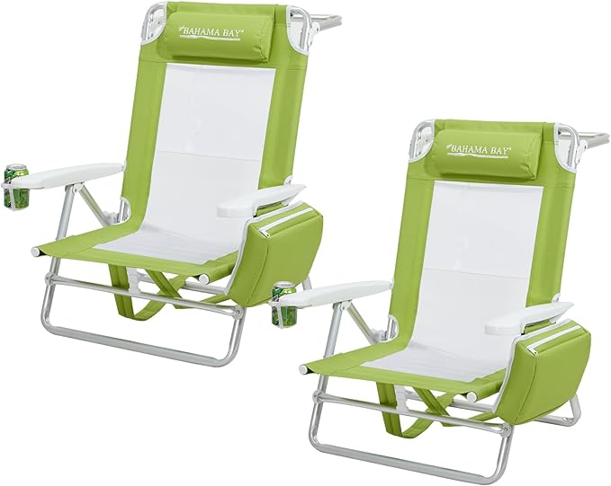 Old Bahama Bay Backpack Beach Chair 2 Pack, Aluminum Lightweight Reclining 5-Position Lounge Chair for Adults Heavy Duty Support 400 LBS Portable Folding with Cooler Bag Camping Chair for Sand Outdoor