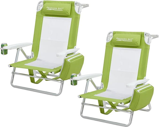 Old Bahama Bay Backpack Beach Chair 2 Pack, Aluminum Lightweight Reclining 5-Position Lounge Chair for Adults Heavy Duty Support 400 LBS Portable Folding with Cooler Bag Camping Chair for Sand Outdoor