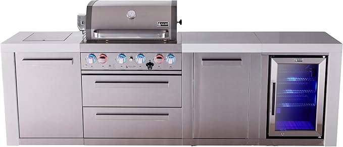 Mont Alpi Premium 107"W Deluxe Stainless Steel Modular Outdoor Kitchen Island with Refrigerator + Side Burner + 32"W 4-Burner BBQ Gas Grill + White Granite Countertops + Storage Cabinets and Drawers