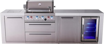 Mont Alpi Premium 107"W Deluxe Stainless Steel Modular Outdoor Kitchen Island with Refrigerator + Side Burner + 32"W 4-Burner BBQ Gas Grill + White Granite Countertops + Storage Cabinets and Drawers