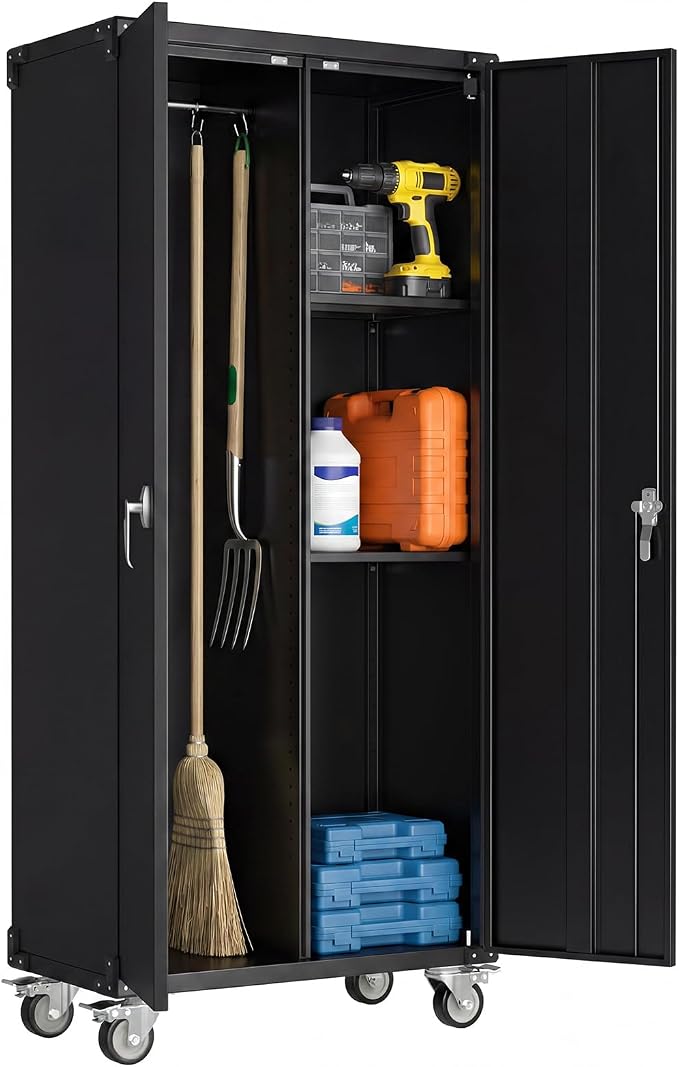 DUMOS 72 Inch Garage Storage Cabinet, Tool Organizer, Lockable File Cabinet | Tall Rolling Metal Steel Frame Storage with Lockable Wheels and Adjustable Shelves, Fits Home Office Warehouse, Black