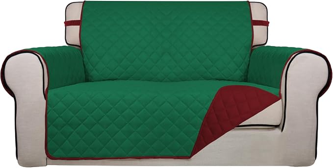 PureFit Reversible Quilted Couch Covers for Dogs Loveseat Sofa Cover 46.5” | Green/Red, Water Resistant Couch Protector, Washable Pet Couch Cover with Non Slip and Elastic Straps For Kids