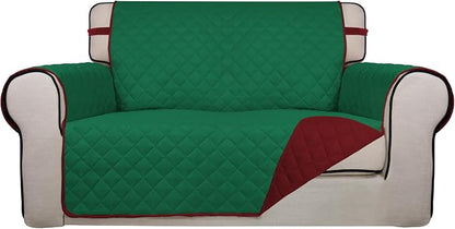 PureFit Reversible Quilted Couch Covers for Dogs Loveseat Sofa Cover 46.5” | Green/Red, Water Resistant Couch Protector, Washable Pet Couch Cover with Non Slip and Elastic Straps For Kids