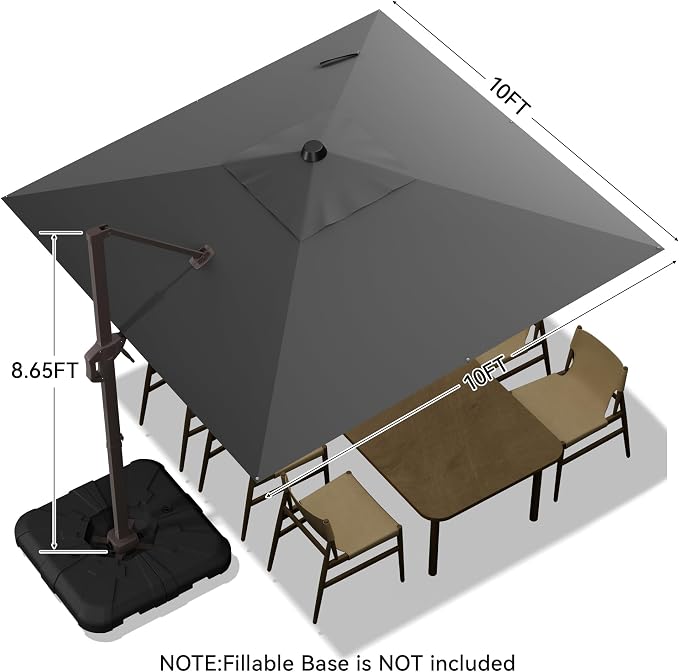 10x10FT Cantilever Outdoor Umbrella, 360° Rotating Large Offset Square Patio Umbrella, Ideal for Garden Backyard Deck Courtyard, Grey