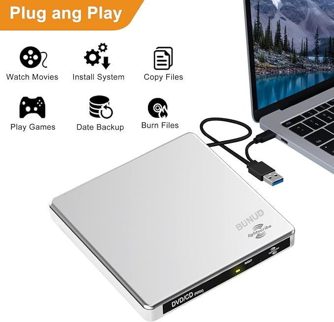 External CD DVD Drive LightScribe CD/DVD +/-RW Burner Player Writer Optical Disk Reader Portable CD DVD Drive for Laptop Mac MacBook PC Windows 11 10 Linux OS