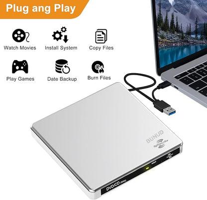 External CD DVD Drive LightScribe CD/DVD +/-RW Burner Player Writer Optical Disk Reader Portable CD DVD Drive for Laptop Mac MacBook PC Windows 11 10 Linux OS
