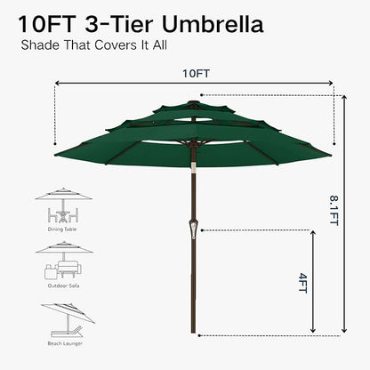 Kingdura 10ft 3-Tier Patio Umbrella, Outdoor Table Umbrella with Easy Crank & Tilt, 8 Reinforced Ribs, UV Protection for Deck, Pool, Market, Backyard (Dark green)