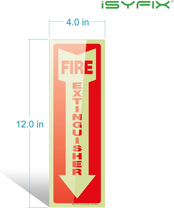 iSYFIX Fire Extinguisher Glow in the Dark Sticker Sign – 3 Pack 4x12 Inch – Premium Self-Adhesive Vinyl, Laminated for Ultimate UV, Weather, Scratch, Water and Fade Resistance, Indoor and Outdoor