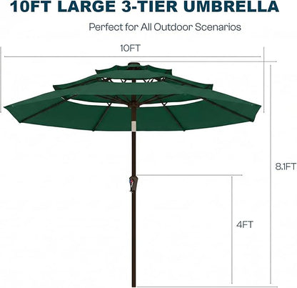 10ft Patio Umbrella, 3 Tier Outdoor Market Table Umbrellas with 8 Fiberglass Ribs and Push Button Tilt, Windproof, Vented Canopy, UV Protection for Deck, Pool, Backyard