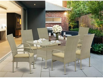 East West Furniture OSOS7-03A 7 Piece Patio Furniture Sets Wicker Outdoor Set Consist of a Rectangle Dining Table with Glass Top and 6 Balcony Armchair with Cushion, 36x60 Inch, Natural Linen
