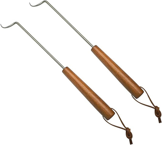 15 Inches Food Flipper - Stainless Steel BBQ Meat Turner Hook with Wooden Handle for Grilling & Smoking (2 Pack Right-Handed)